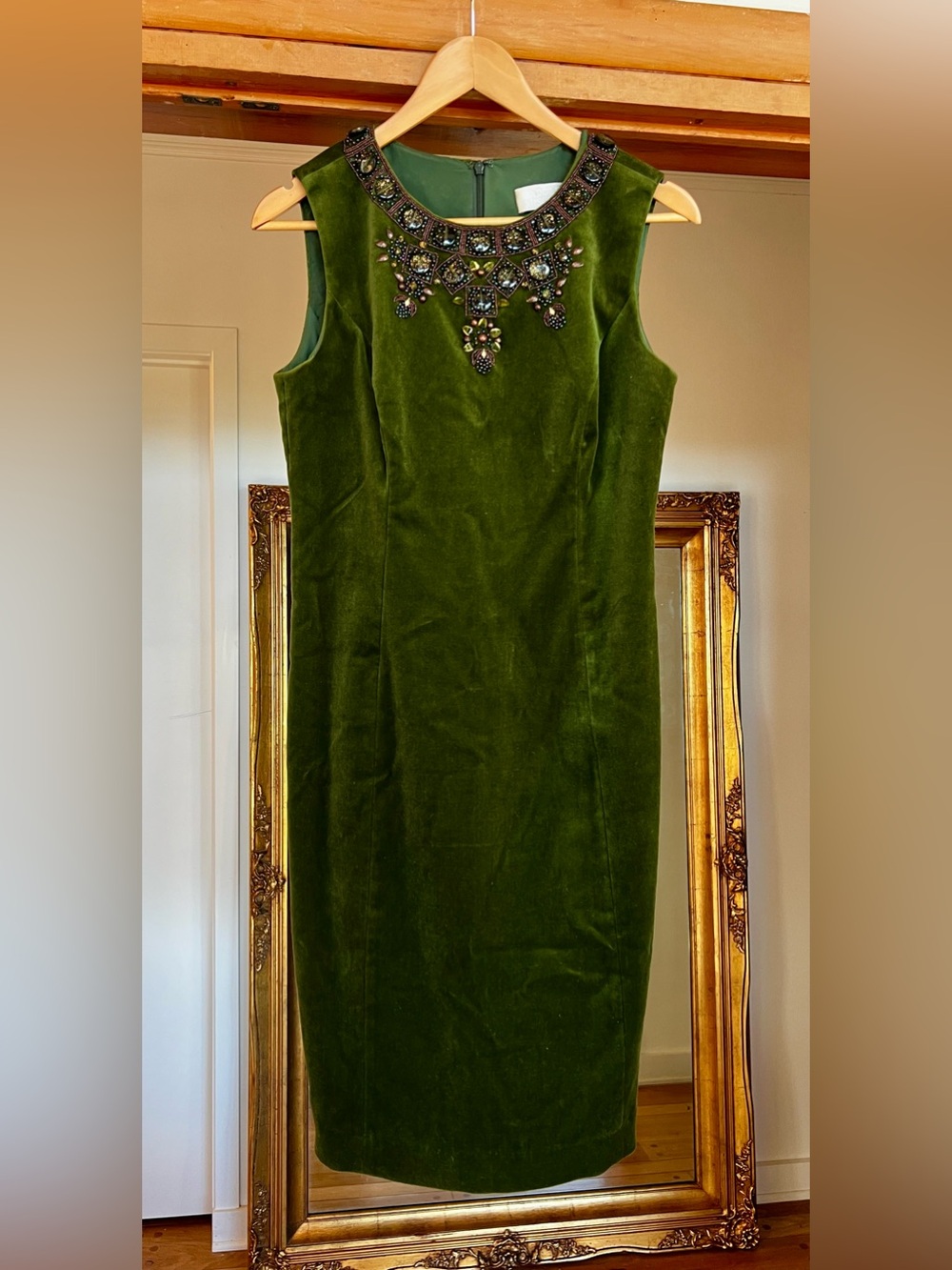 Badgley Mischka green velvet shift dress with jewel embellishments size S / M